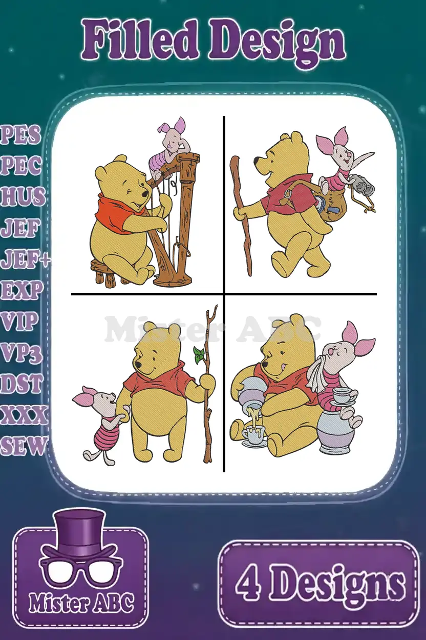 Four vibrant filled embroidery designs featuring Winnie the Pooh and Piglet in various playful scenes. Includes formats like PES and JEF.
