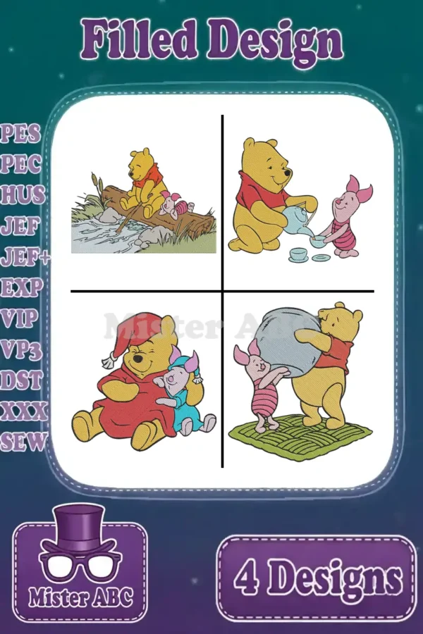 A vibrant main image displaying four distinct filled embroidery designs of Winnie the Pooh and Piglet in various scenes.
