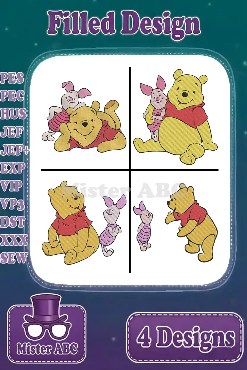 Four charming filled embroidery designs featuring Winnie the Pooh and Piglet in various poses, ready for stitching.