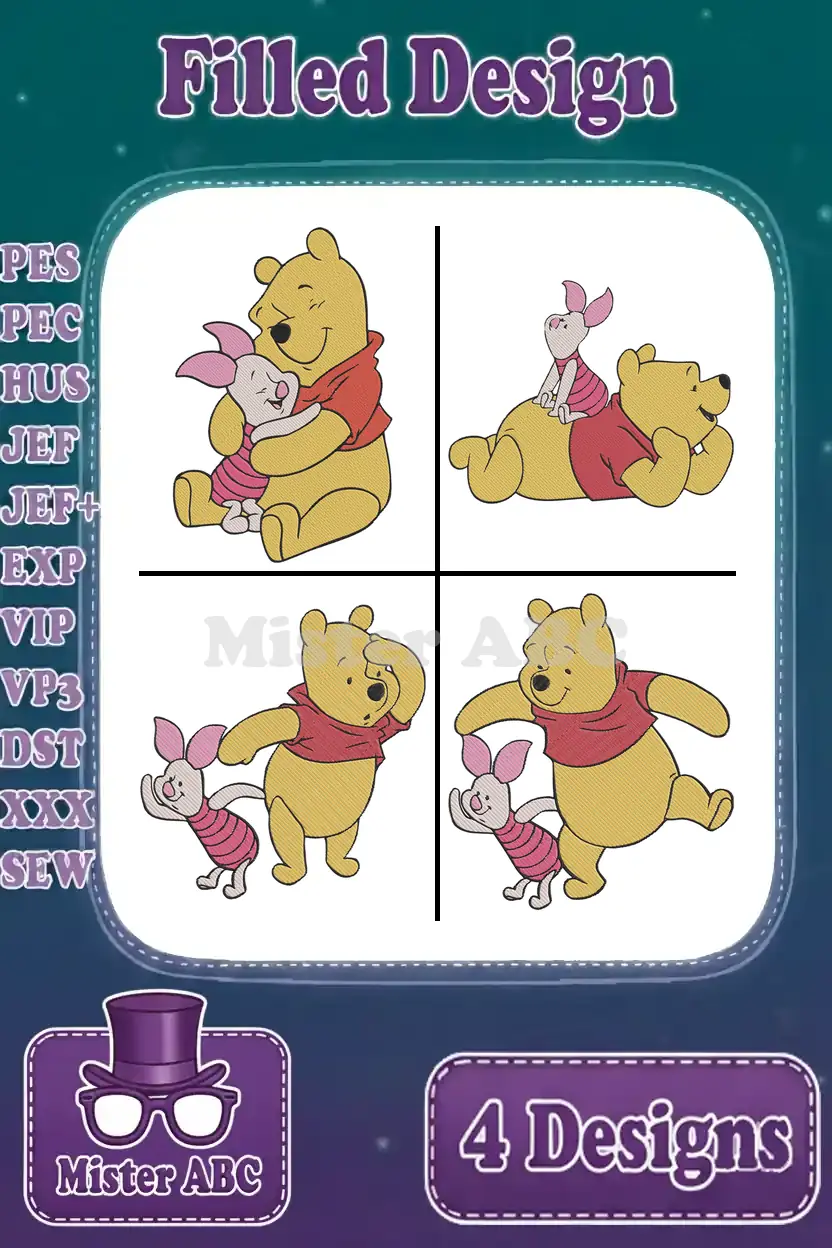 A vibrant collage of four Winnie the Pooh and Piglet filled embroidery designs, showcasing various playful poses.
