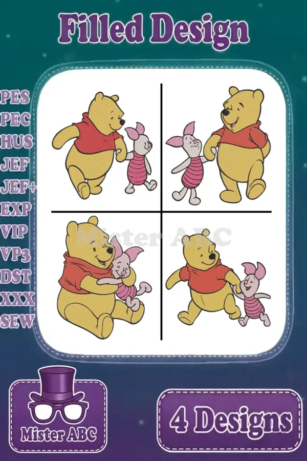 A vibrant collage of four distinct Winnie the Pooh and Piglet filled embroidery designs, showcasing friendship. Includes supported file formats.