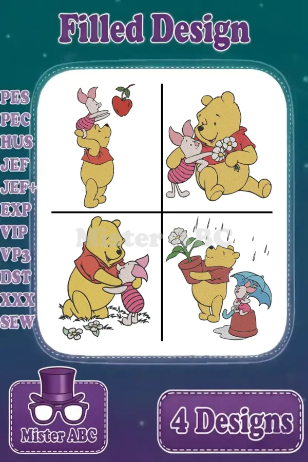 Four heartwarming Winnie the Pooh and Piglet filled embroidery designs showcasing friendship and playful moments.