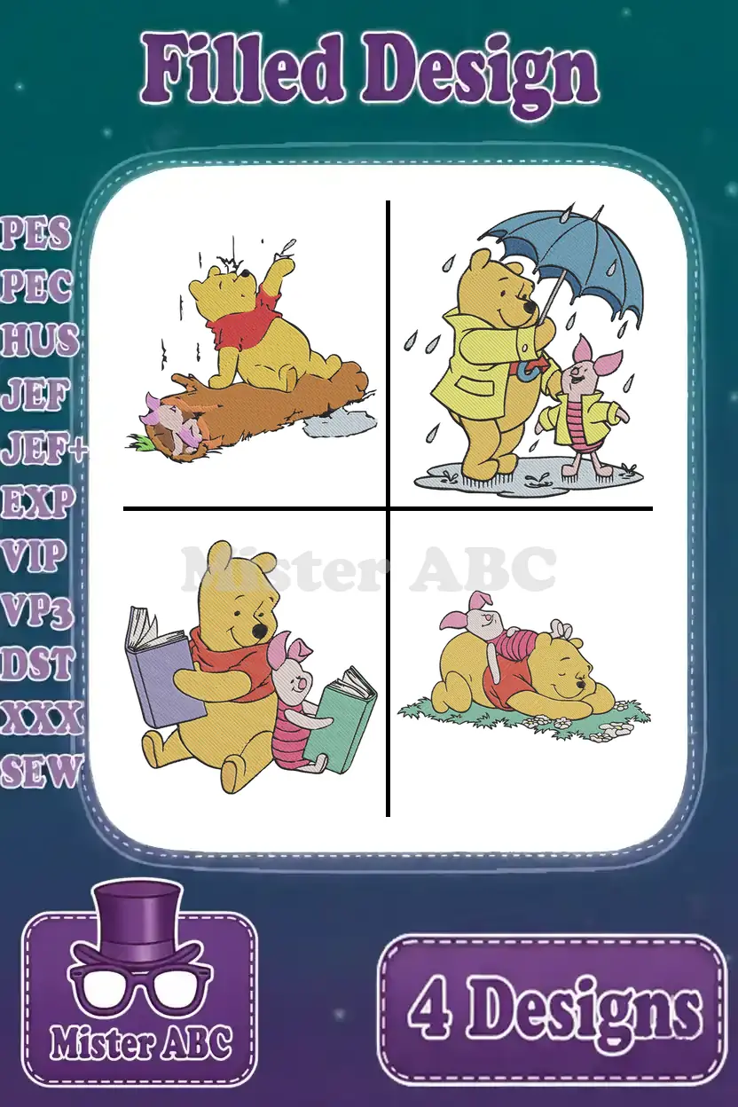 Four delightful filled embroidery designs featuring Winnie the Pooh and Piglet in various charming scenes, showcasing stitch types.