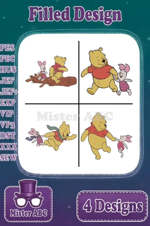 A vibrant image displaying four distinct filled embroidery designs of Winnie the Pooh and Piglet, ready for crafting.