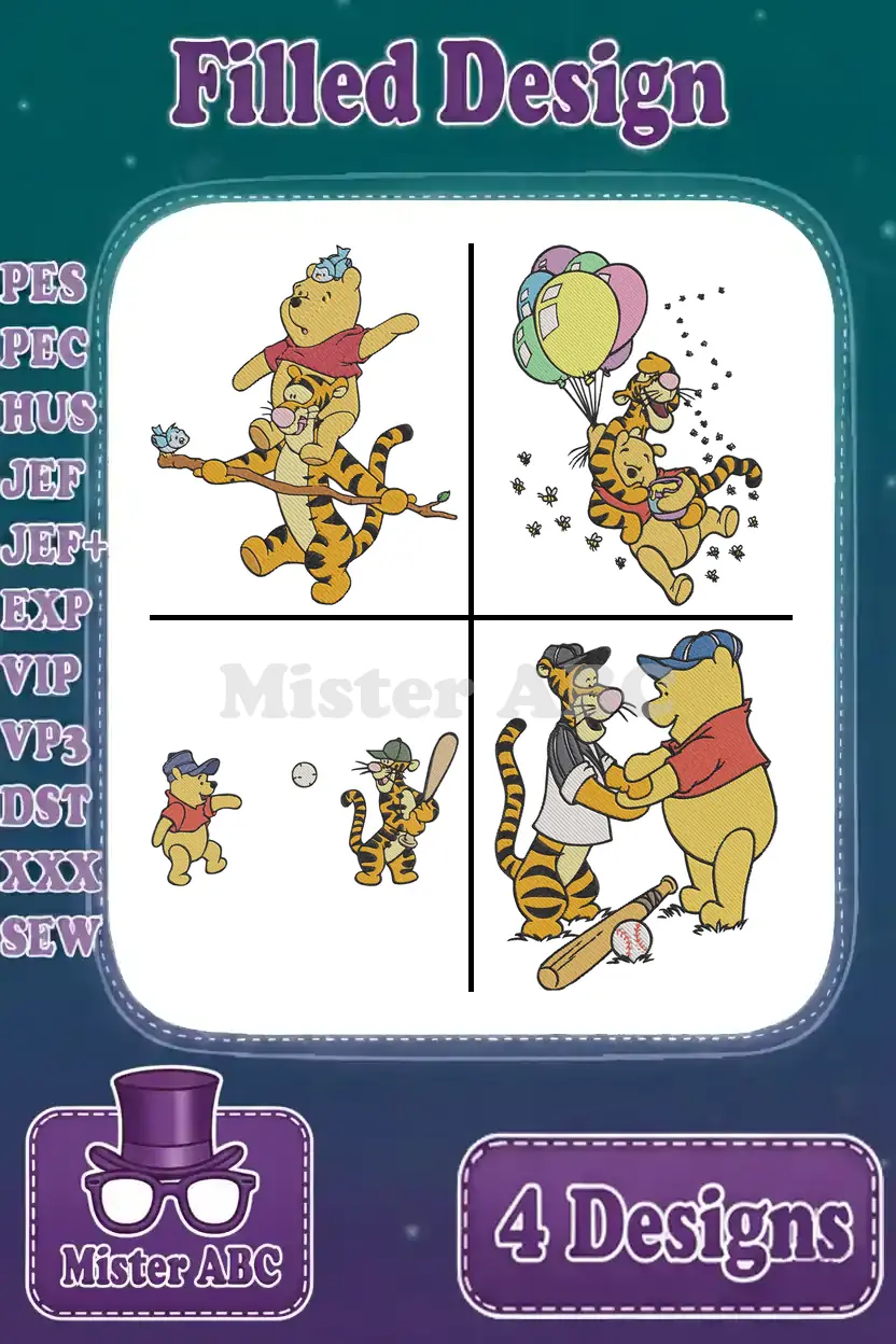 A vibrant embroidery design bundle showcasing Winnie the Pooh and Tigger in four distinct, playful filled designs. Includes supported file formats.
