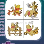 Winnie The Pooh And Tigger Playing Ball On Fence With Letter And Flag - Filled Embroidery Design - Instant Download