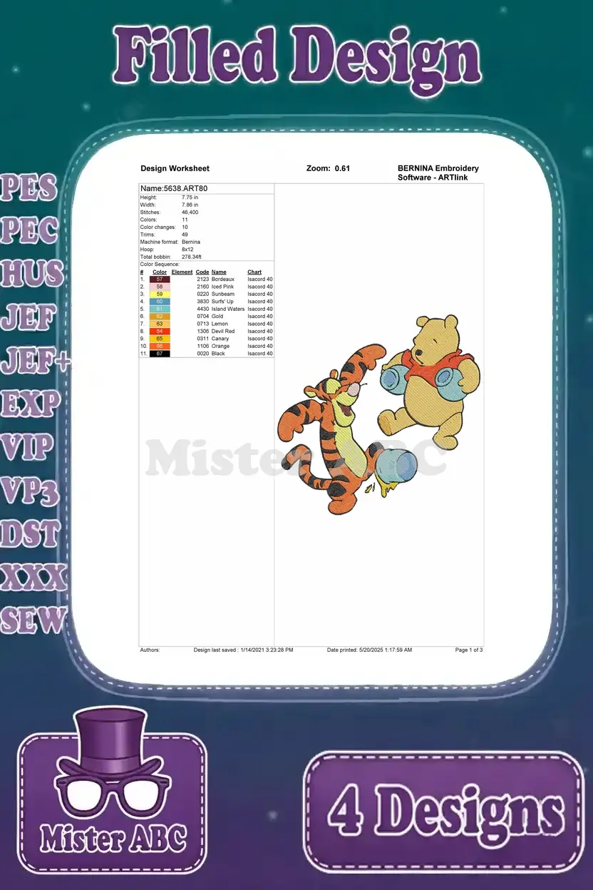 Design worksheet for a filled embroidery design showing Tigger playfully with Winnie the Pooh and a honey pot.