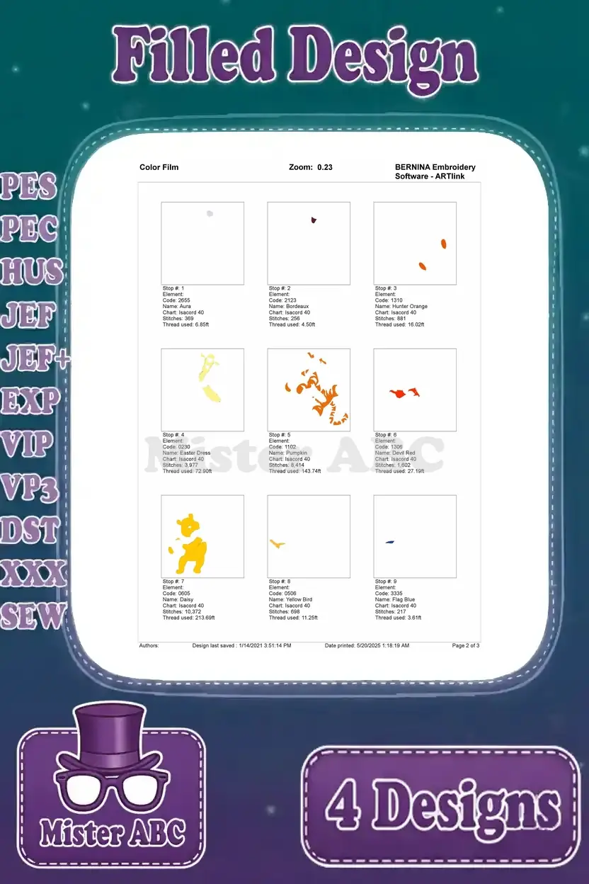 Color film page two, detailing the stitching progression for the 'Pooh and Tigger with Blue Pot' embroidery design.
