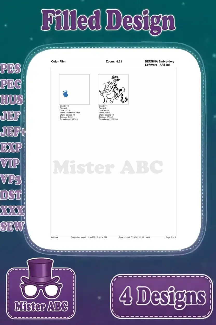 Final page of the color film for the 'Pooh and Tigger with Blue Pot' filled embroidery design, showing finishing steps.