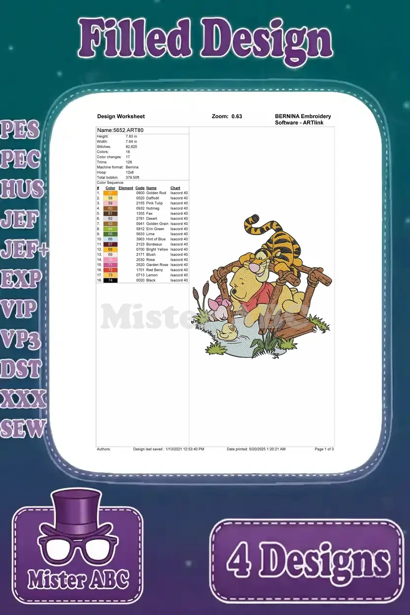 Detailed design worksheet for the Pooh, Tigger, Piglet by the bridge embroidery pattern, including color details.