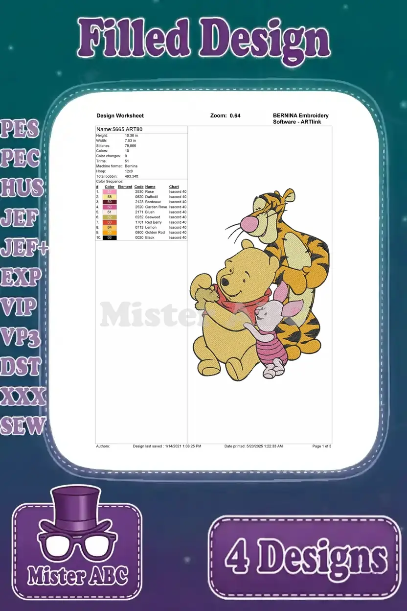 Design worksheet for a filled embroidery of Winnie the Pooh, Piglet, and Tigger hugging, detailing stitch counts and colors.