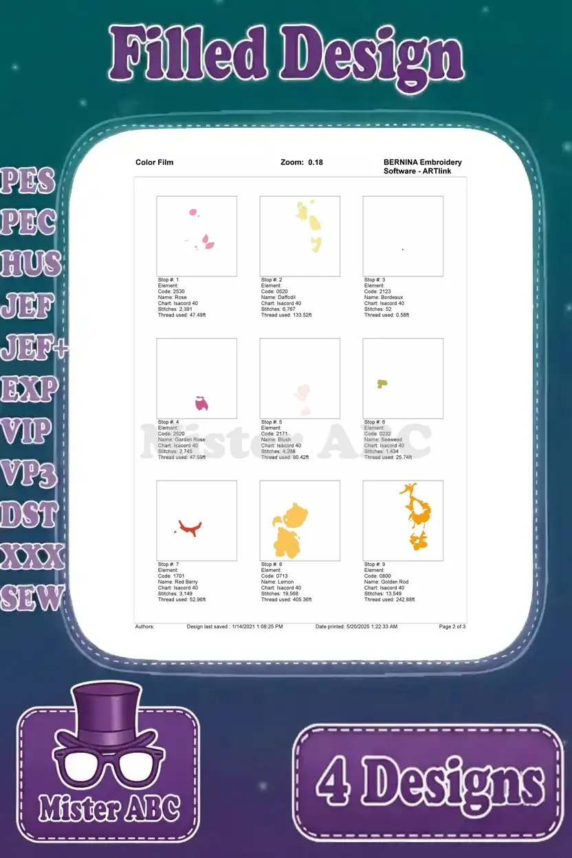 Color film details for the Pooh, Piglet, and Tigger hugging embroidery design, showing individual stitch layers.