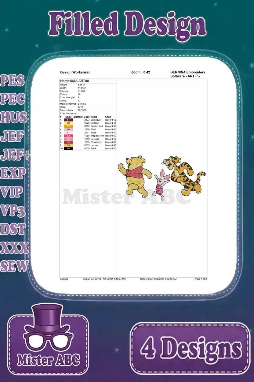 Design worksheet for Winnie the Pooh, Piglet, and Tigger dancing, detailing stitch counts, colors, and dimensions.