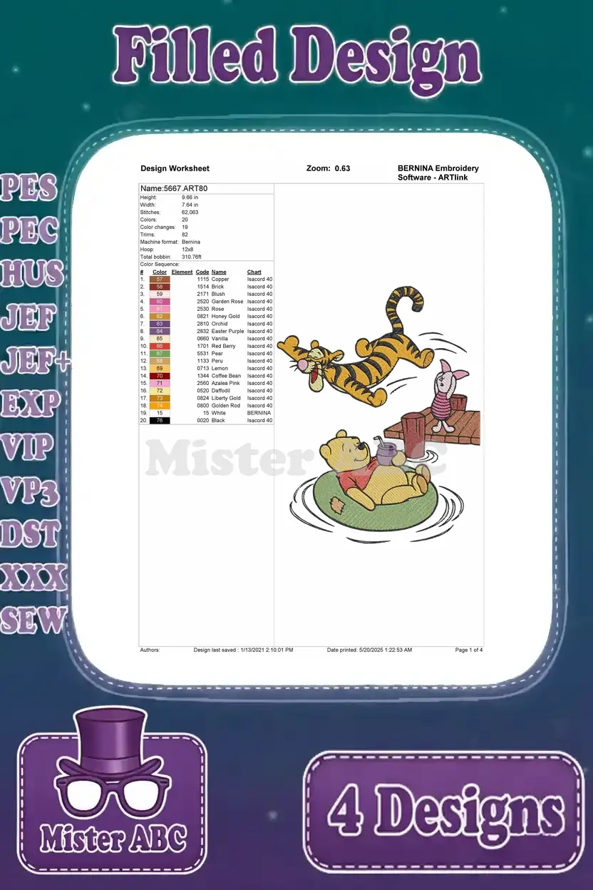 Design worksheet for Pooh on a float, Tigger jumping, and Piglet by a bucket, detailing stitch counts and colors.