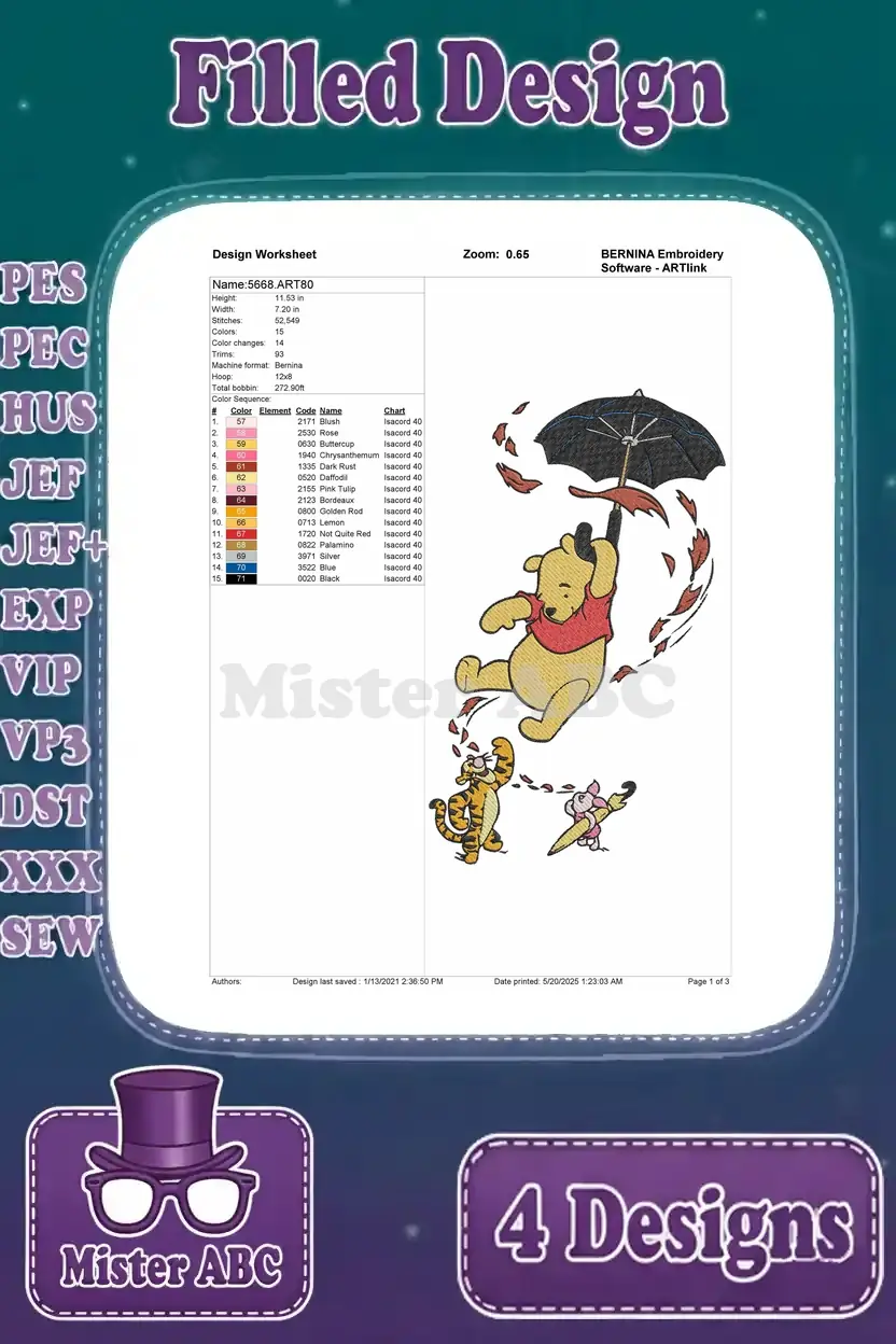 Design worksheet for Pooh with an umbrella, Tigger, and Piglet in wind, detailing stitch counts and colors.