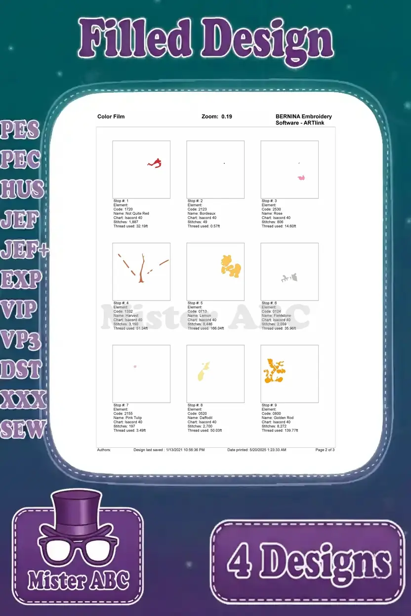 First page of the color film for the Winnie the Pooh and friends gardening embroidery design, showing stitch sequence.
