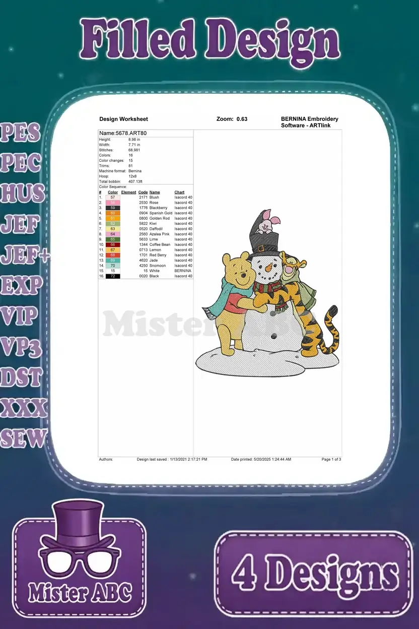 Detailed embroidery worksheet for Pooh, Tigger, and Piglet building a snowman, showing stitch count and colors.