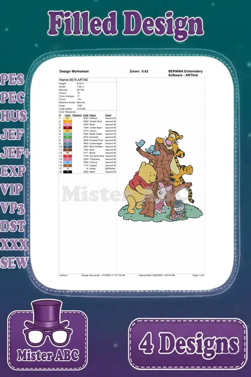 Detailed embroidery worksheet for Pooh, Tigger, and Piglet by a tree, showing stitch count and colors.