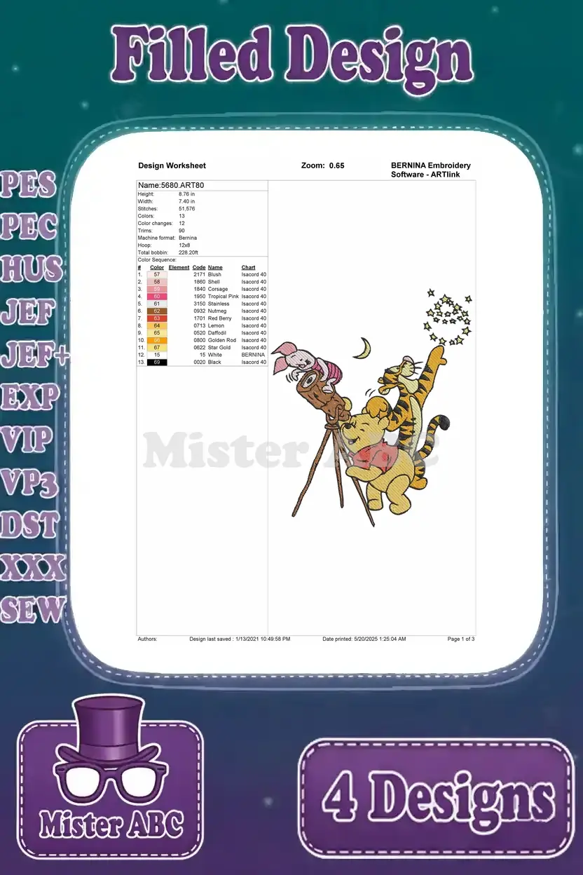 Detailed embroidery worksheet for Pooh, Tigger, and Piglet stargazing, showing stitch count and colors.