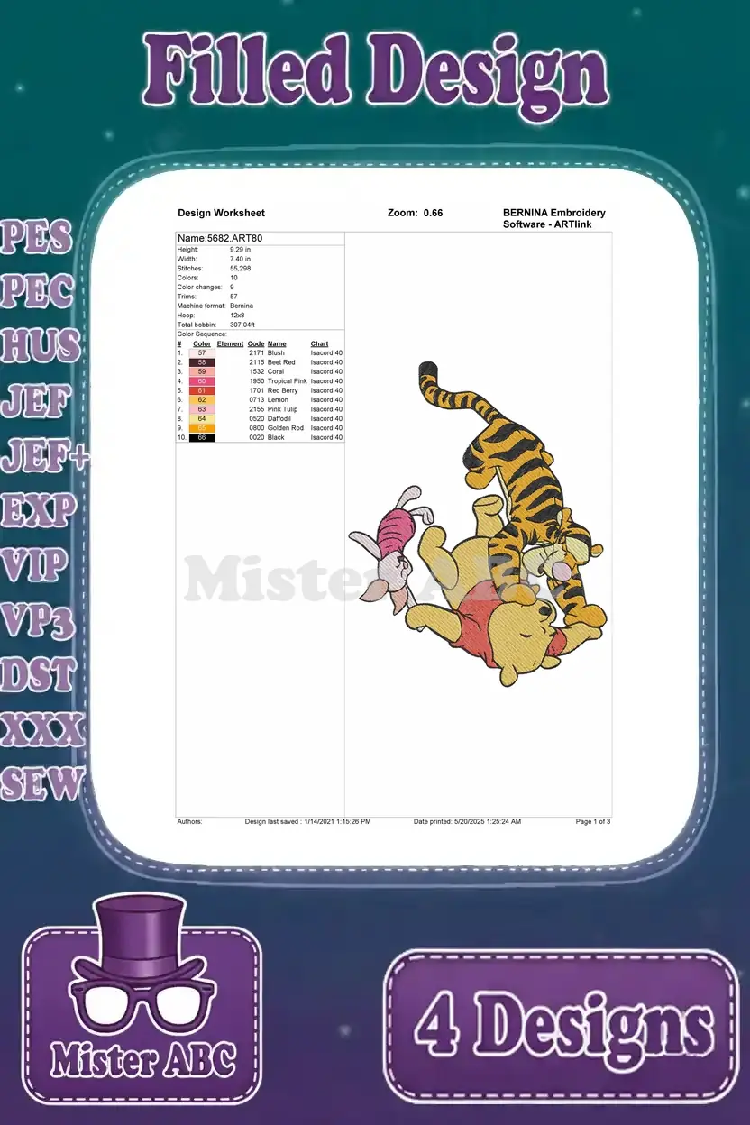 Design worksheet for the first embroidery design, featuring Winnie the Pooh, Tigger, and Piglet in a playful pile.