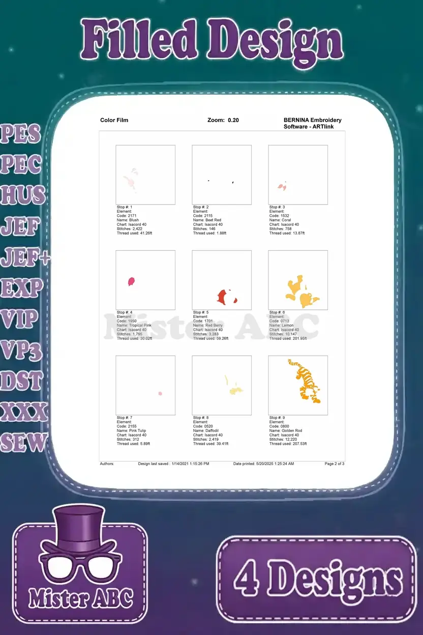 Color film breakdown for the Tigger pouncing design, illustrating the initial stages of thread application.