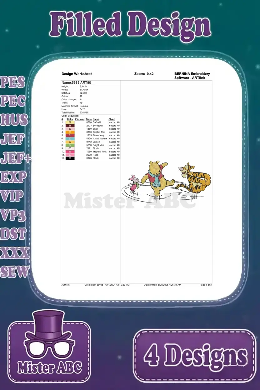 Design worksheet for the filled embroidery of Pooh, Piglet, and Tigger ice skating, detailing stitches and colors.