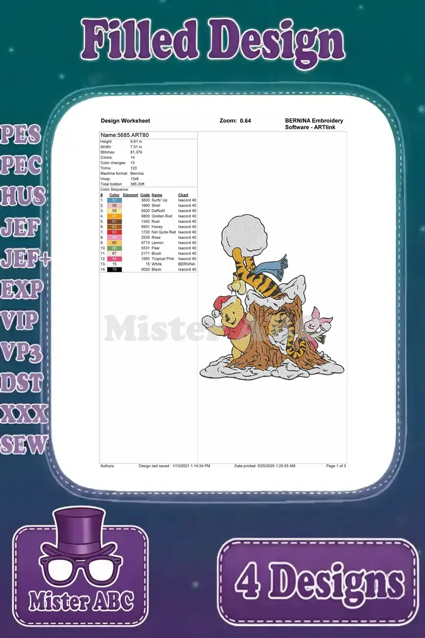 Design worksheet for the fourth embroidery design, featuring Winnie the Pooh, Tigger, and Piglet in a winter scene.