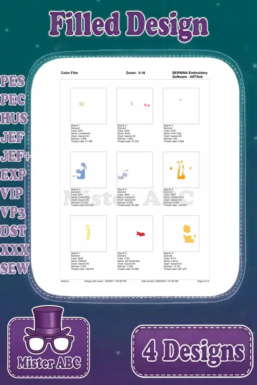 First page of the color film for the third Winnie the Pooh embroidery design, showing thread stop details.
