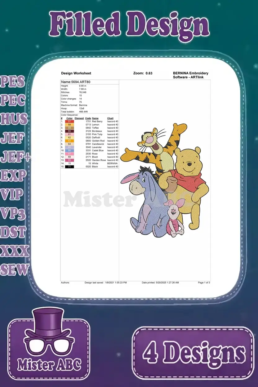 Detailed design worksheet for the first Winnie the Pooh embroidery pattern, showing stitch count, color chart, and hoop size.