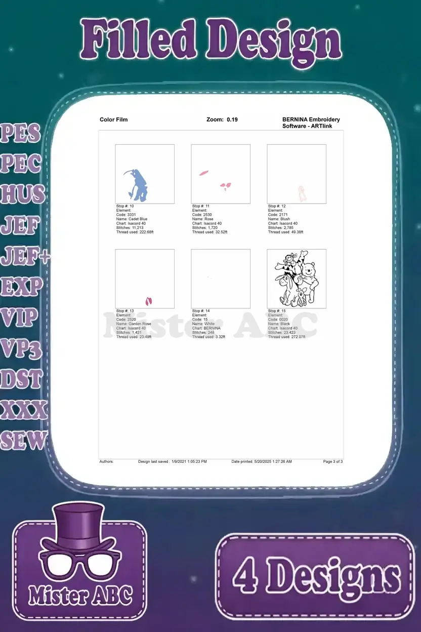 Second page of the color film for Winnie the Pooh embroidery Design 1, showing continuation of thread stops.