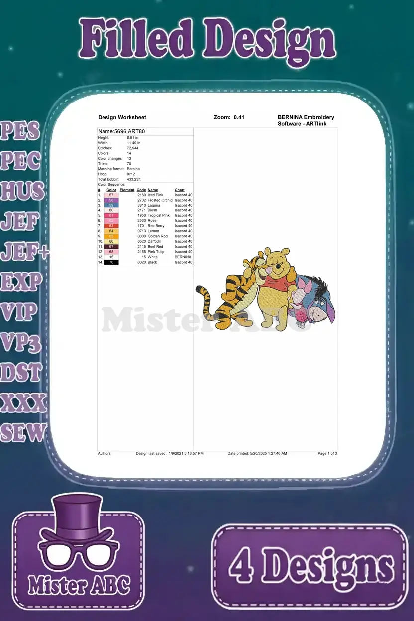 Design worksheet for the third Winnie the Pooh embroidery pattern, detailing stitch count, color sequence, and hoop info.