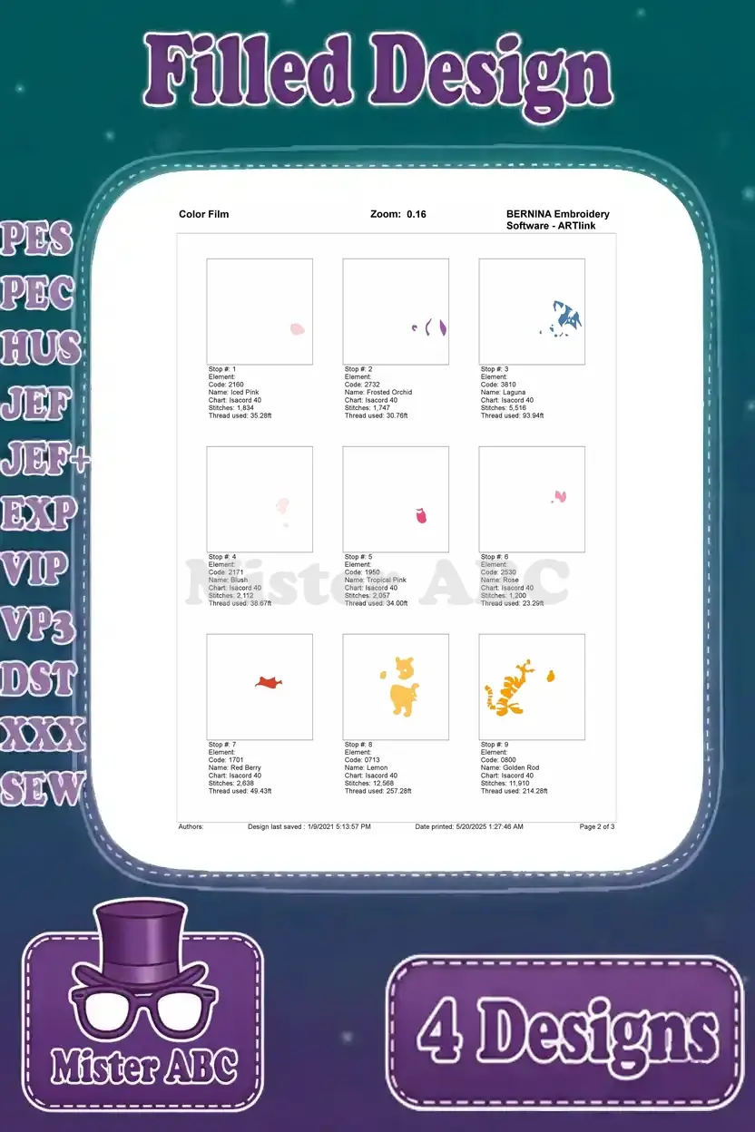 First page of the color film for Winnie the Pooh embroidery Design 3, detailing the initial thread color stops.