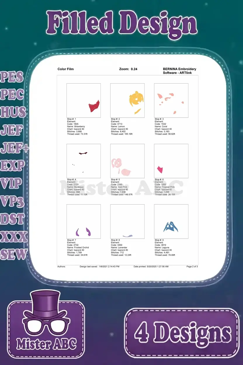 First page of the color film for circular Winnie the Pooh embroidery Design 4, showing initial color stops.
