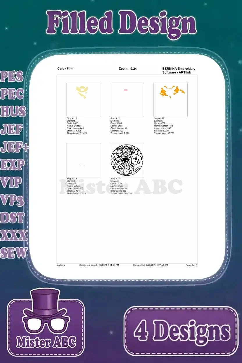 Second page of the color film for circular Winnie the Pooh embroidery Design 4, detailing remaining thread stops.