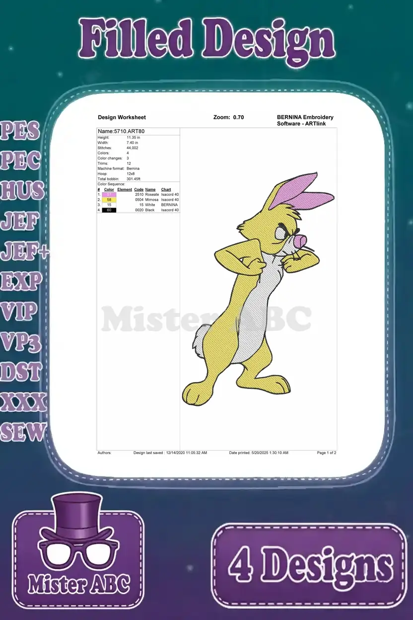 A detailed design worksheet for the first Rabbit embroidery design, showing stitch count, colors, and dimensions.