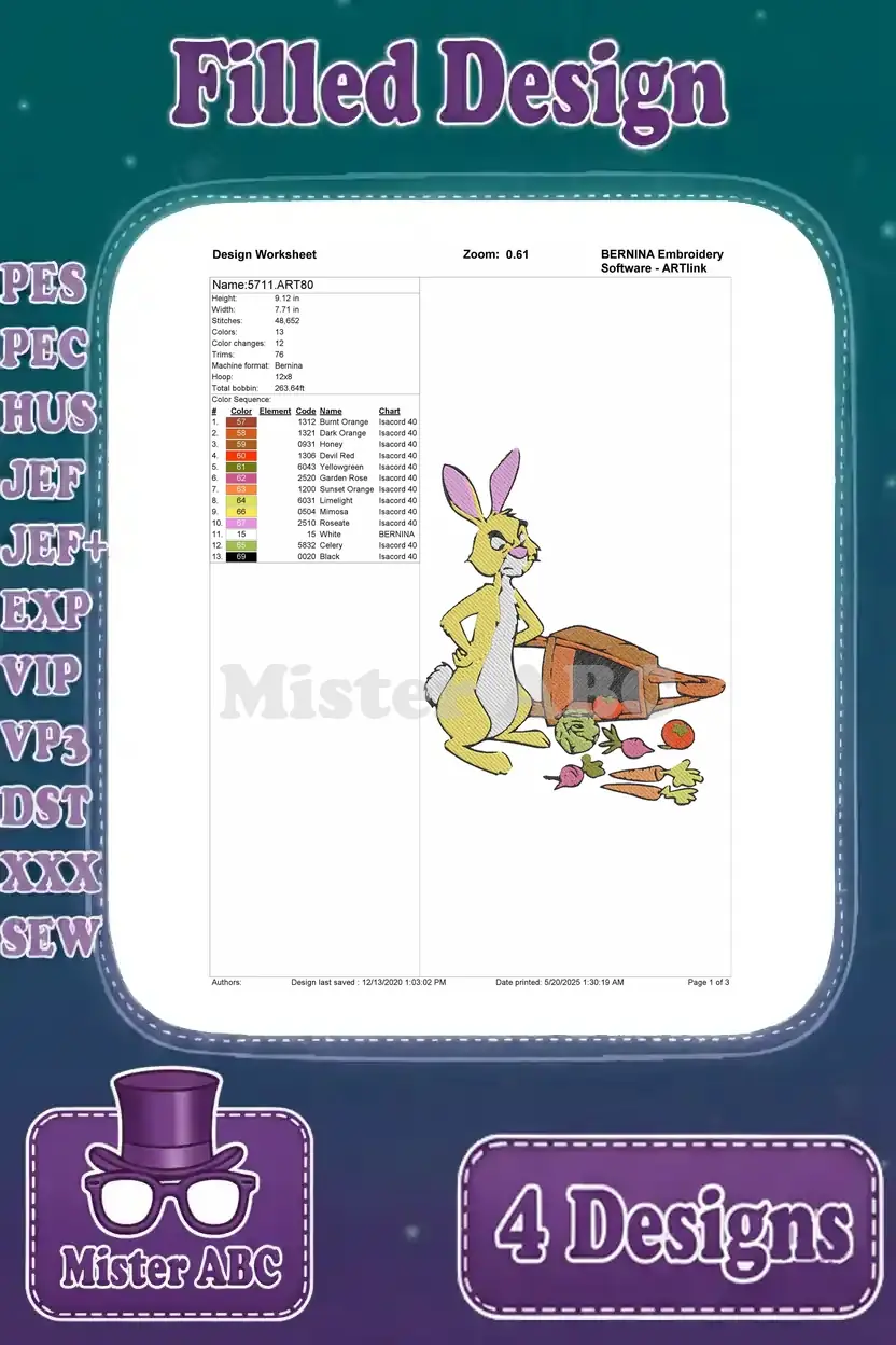 A comprehensive design worksheet for the second Rabbit embroidery design, featuring him with a basket of vegetables.