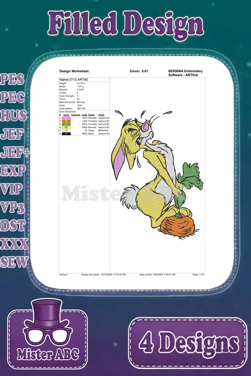 A comprehensive design worksheet for the fourth Rabbit embroidery design, featuring him pulling a large carrot.