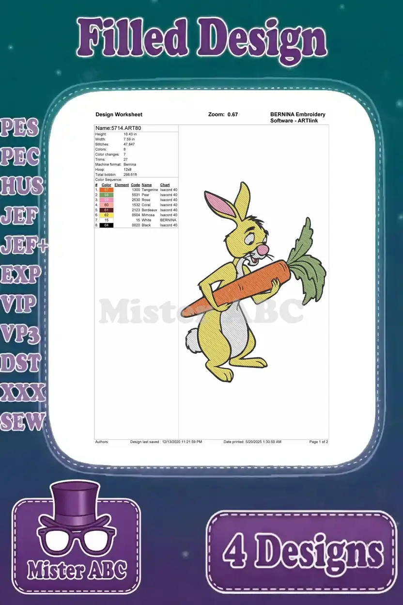 Detailed design worksheet for Rabbit holding a carrot, showing stitch count, color changes, and thread chart for precise embroidery.