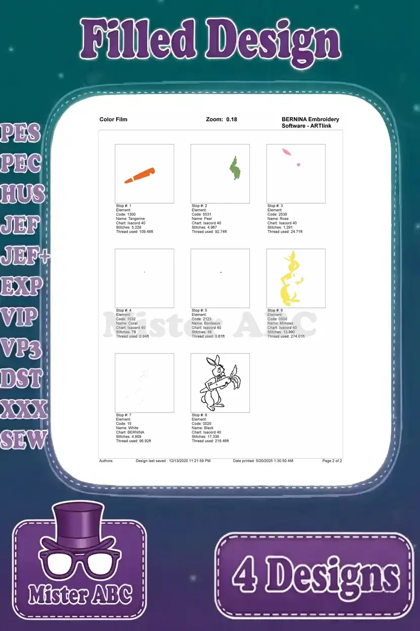 Color film breakdown for Rabbit holding a carrot embroidery design, illustrating the sequence of thread applications.