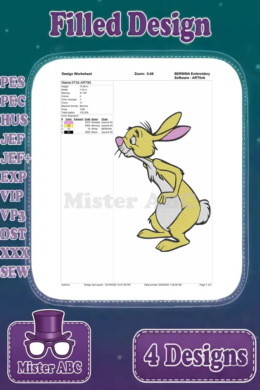 Design worksheet for Rabbit embroidery, showing stitch count, color sequence, and hoop size for the first pose.