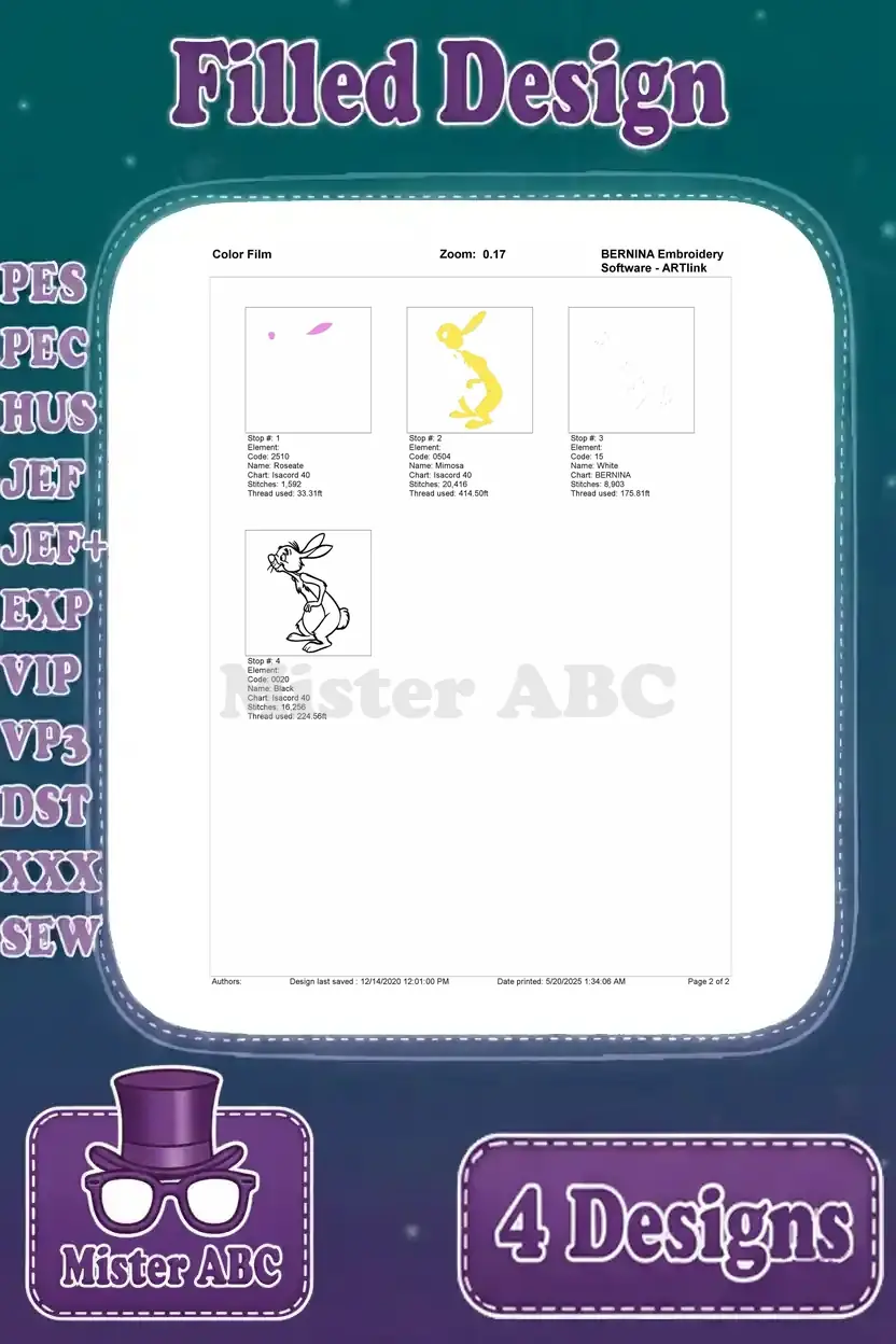 Color film sequence for the first Rabbit embroidery design, illustrating the order of thread application.