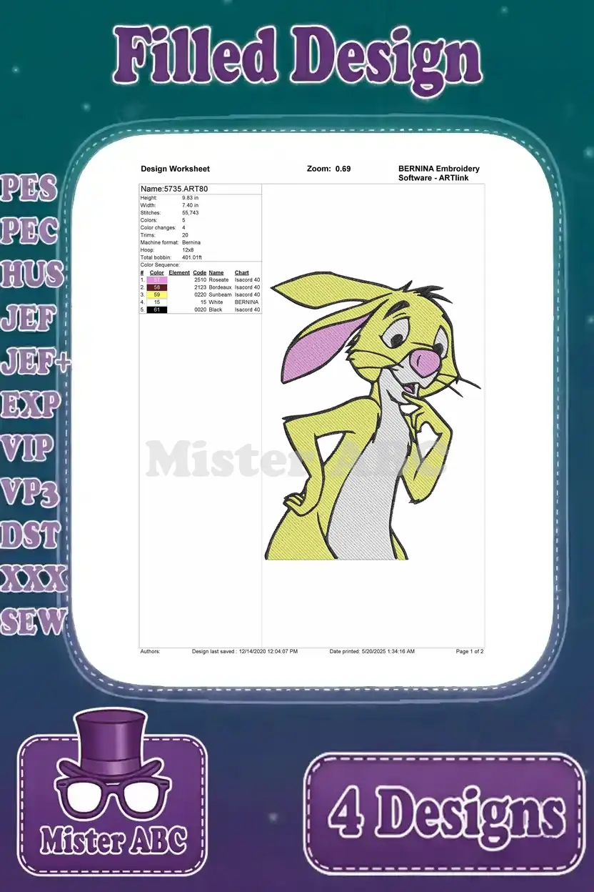 Design worksheet for Rabbit embroidery, detailing stitch count, color sequence, and hoop size for the second pose.