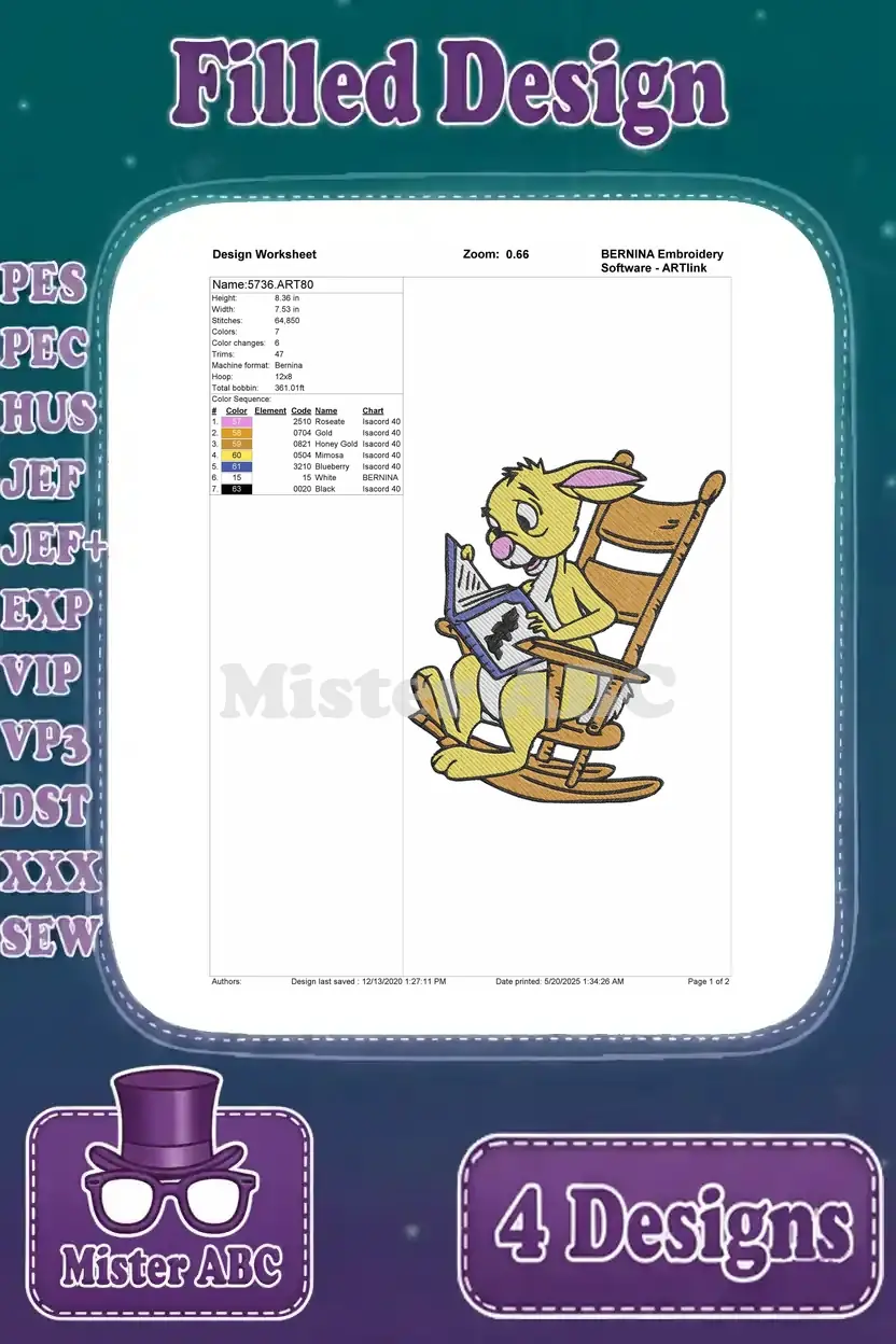 Design worksheet for Rabbit embroidery, detailing stitch count, color sequence, and hoop size for the third pose.