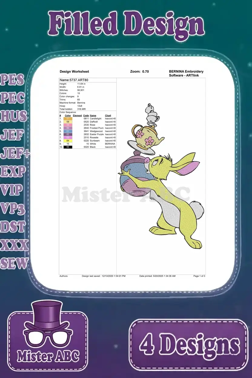 Design worksheet for Rabbit embroidery, detailing stitch count, color sequence, and hoop size for the fourth pose.