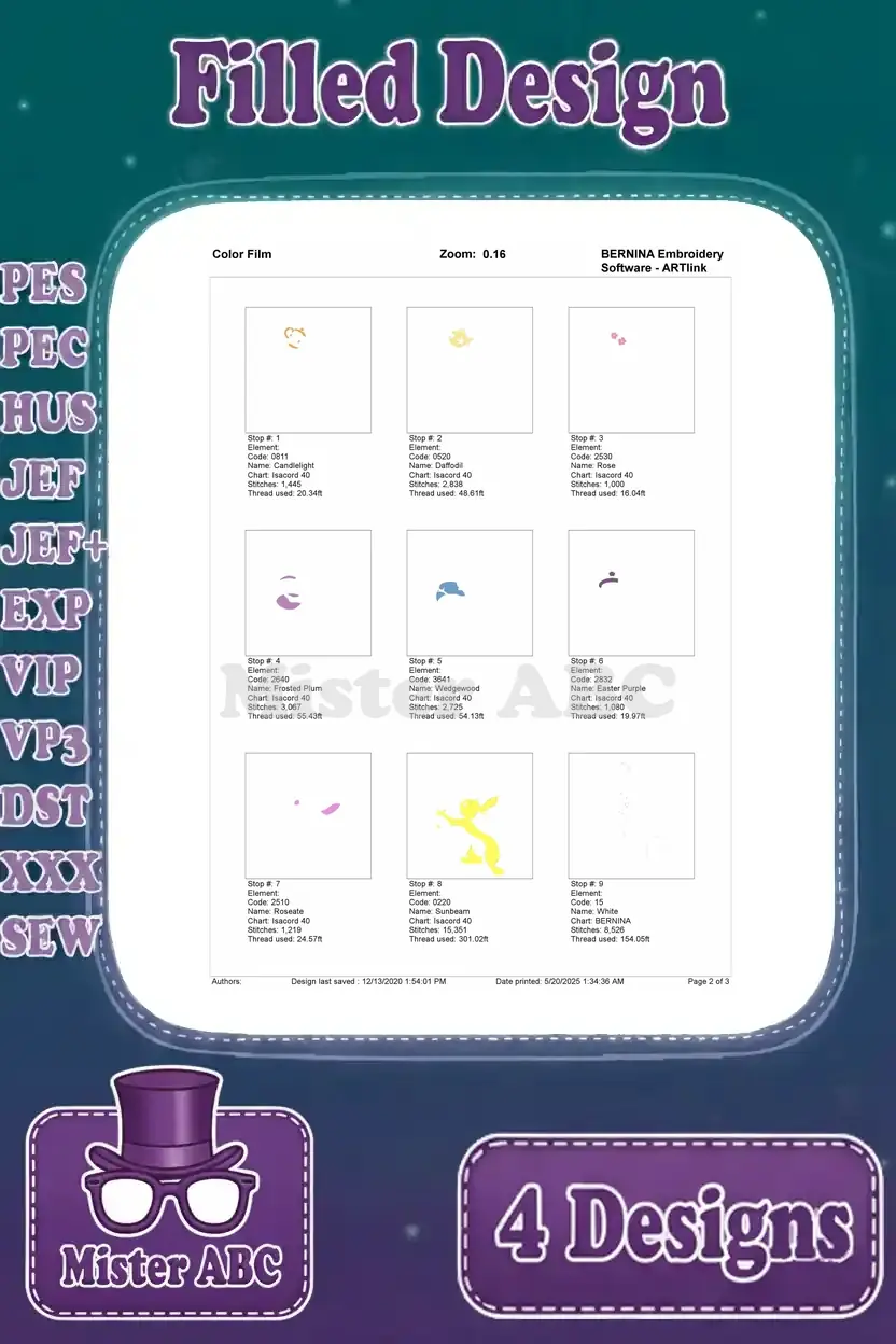 First page of the color film for the fourth Rabbit embroidery design, showing initial thread applications.