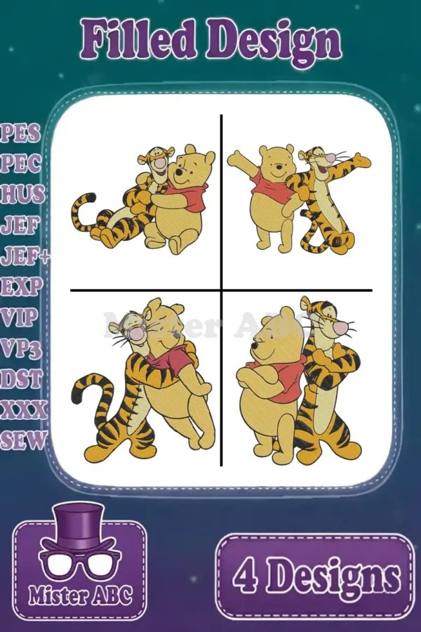 Four vibrant Winnie the Pooh and Tigger filled embroidery designs, showing various poses and supported file types.