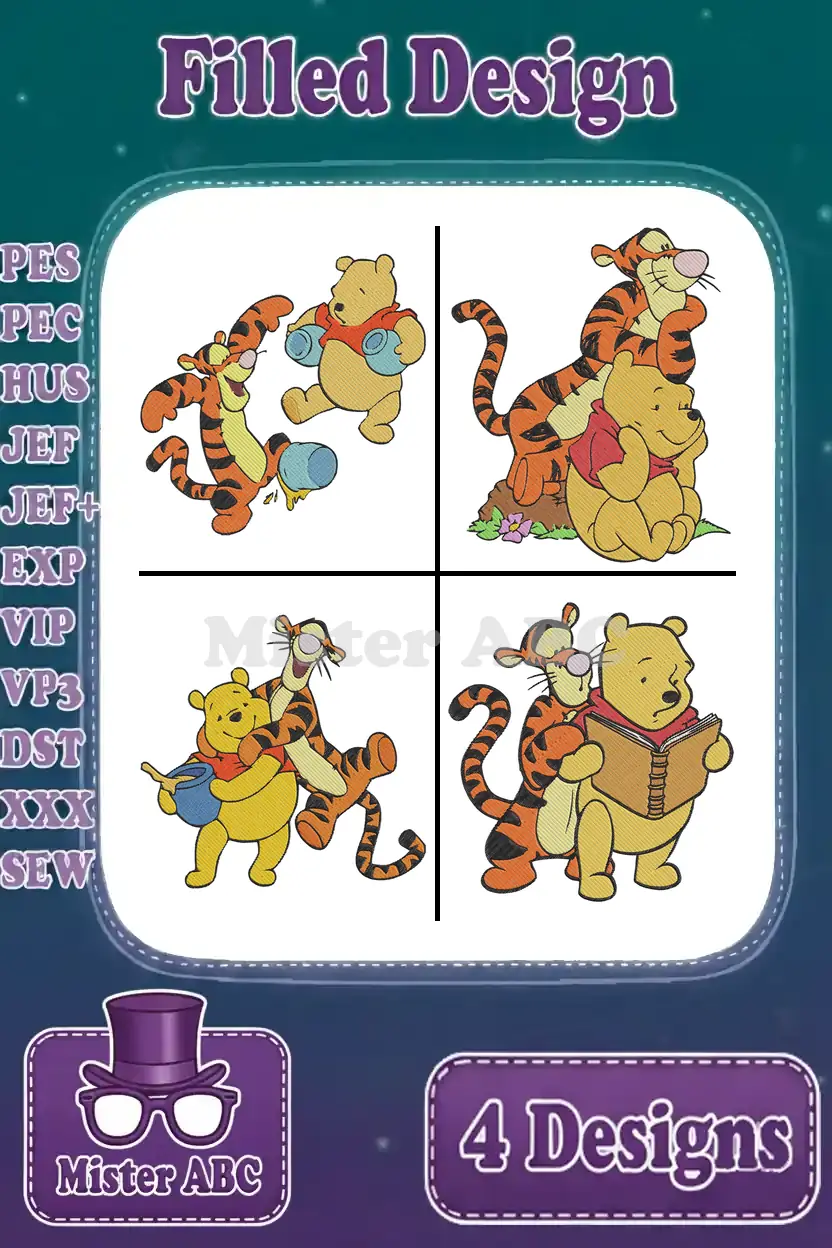A vibrant collage of four Winnie the Pooh and Tigger filled embroidery designs, showcasing various playful scenes.