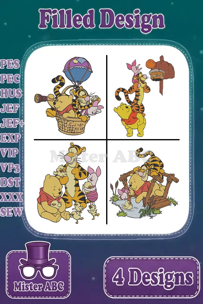 A vibrant display of four Winnie the Pooh and friends filled embroidery designs, perfect for machine appliqué projects.