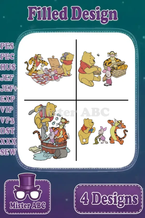 A comprehensive overview of four Winnie the Pooh, Tigger, and Piglet filled embroidery designs, showcasing various scenes.