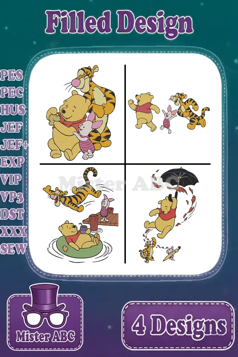 A vibrant display of four filled embroidery designs featuring Winnie the Pooh, Piglet, and Tigger in various playful scenes.